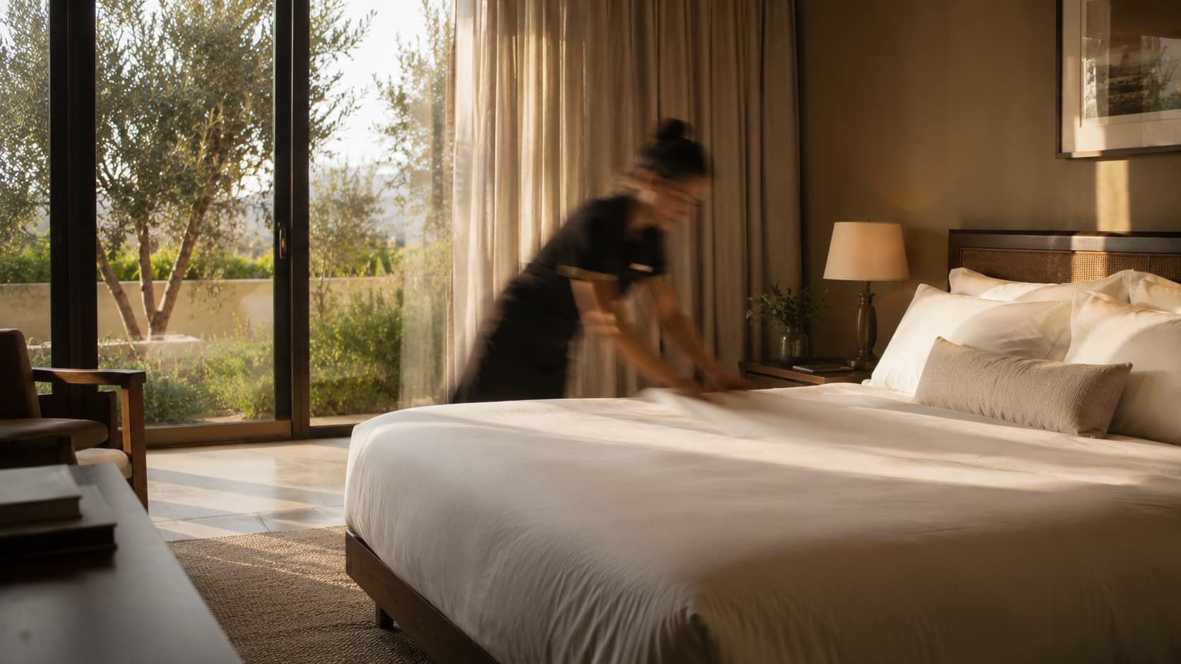 A housekeeper finishing a room at golden hour
