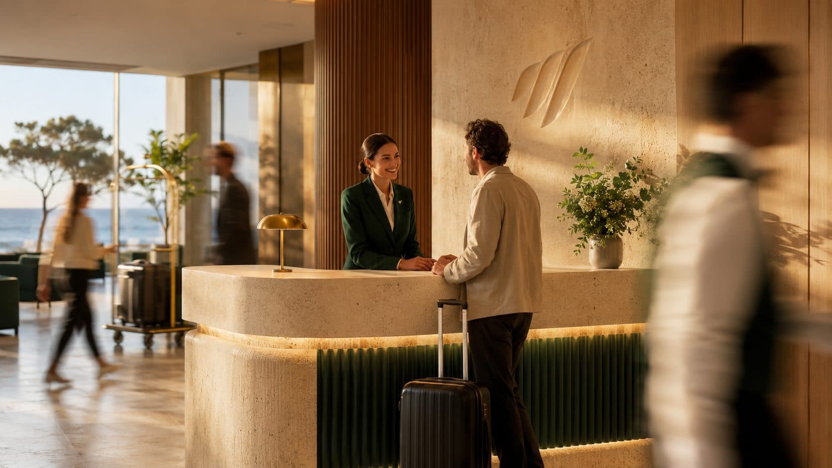 A guest checking in at the front desk of a MasterKey partner hotel